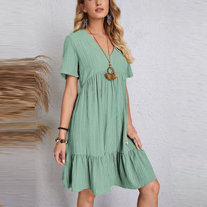 Ladies Pleated Ruffle Baggy Solid Dresses