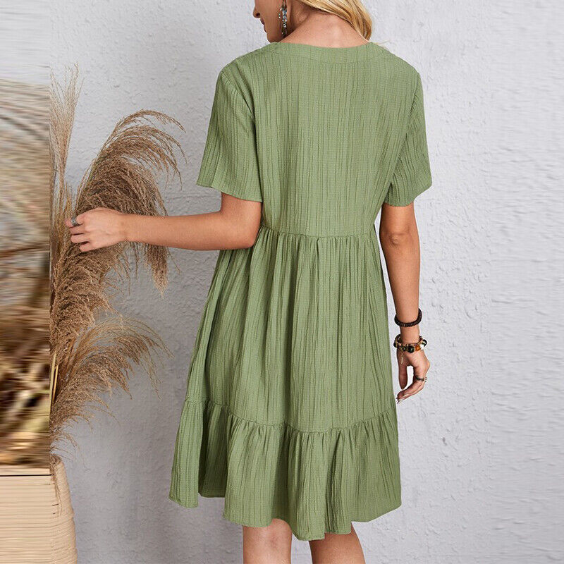 Ladies Pleated Ruffle Baggy Solid Dresses