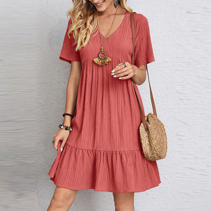 Ladies Pleated Ruffle Baggy Solid Dresses