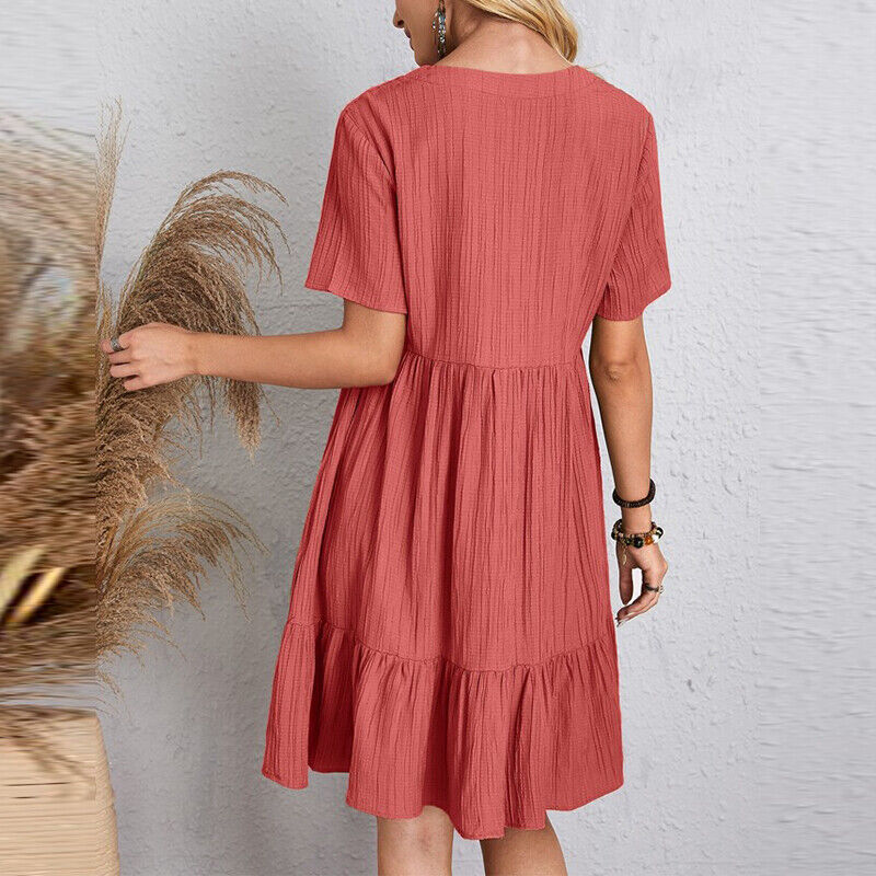 Ladies Pleated Ruffle Baggy Solid Dresses