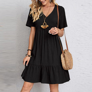 Ladies Pleated Ruffle Baggy Solid Dresses