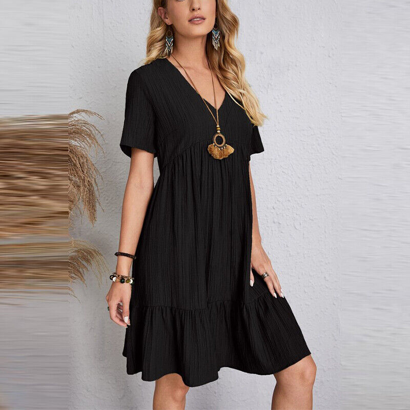 Ladies Pleated Ruffle Baggy Solid Dresses