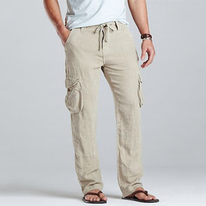 Men Linen Cargo Drawstring Pants