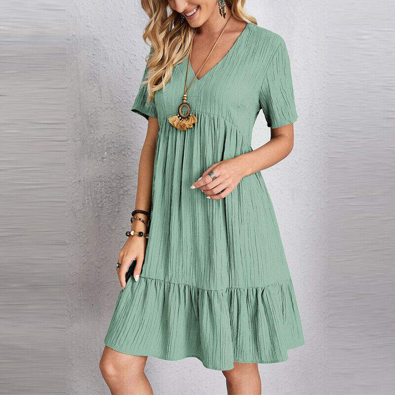 Ladies Pleated Ruffle Baggy Solid Dresses