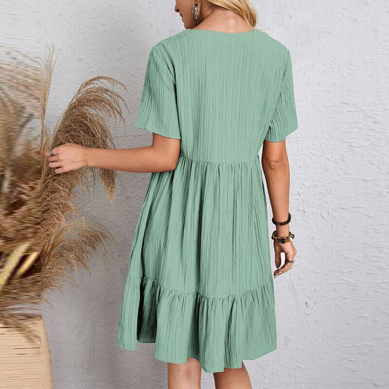 Ladies Pleated Ruffle Baggy Solid Dresses