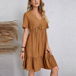 Ladies Pleated Ruffle Baggy Solid Dresses