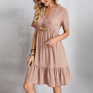 Ladies Pleated Ruffle Baggy Solid Dresses