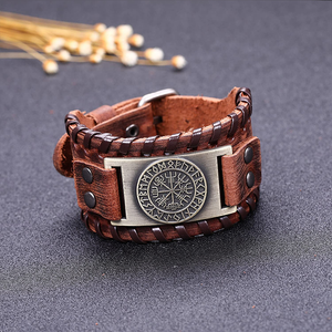 Vintage Men's Wide Leather Pirate Stainless Steel Compass Bangle