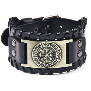 Vintage Men's Wide Leather Pirate Stainless Steel Compass Bangle