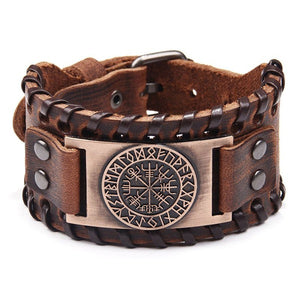 Vintage Men's Wide Leather Pirate Stainless Steel Compass Bangle