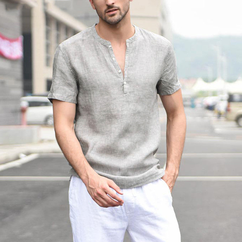 Men's Casual V Stripe Short Sleeve Shirt