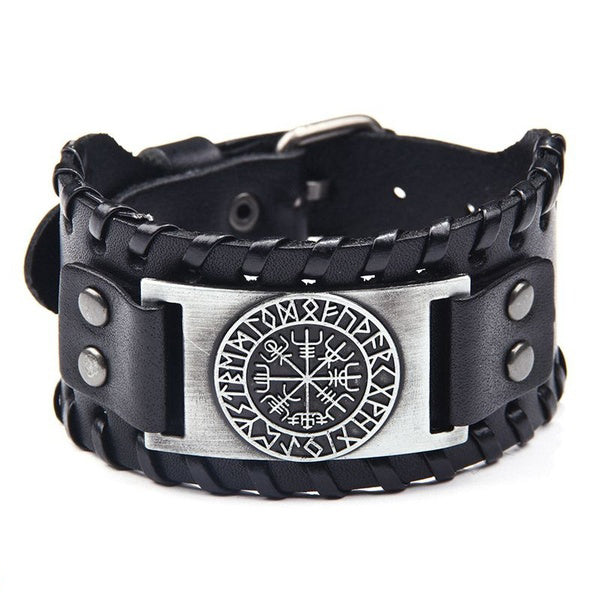 Vintage Men's Wide Leather Pirate Stainless Steel Compass Bangle