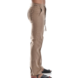 Mens Casual Linen Pants Elastic Drawstring Waist Summer Loose Fit Long Beach Yoga Pants
