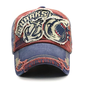 Distressed Shark Embroidered Washed Cotton Baseball Hat Visor Hat