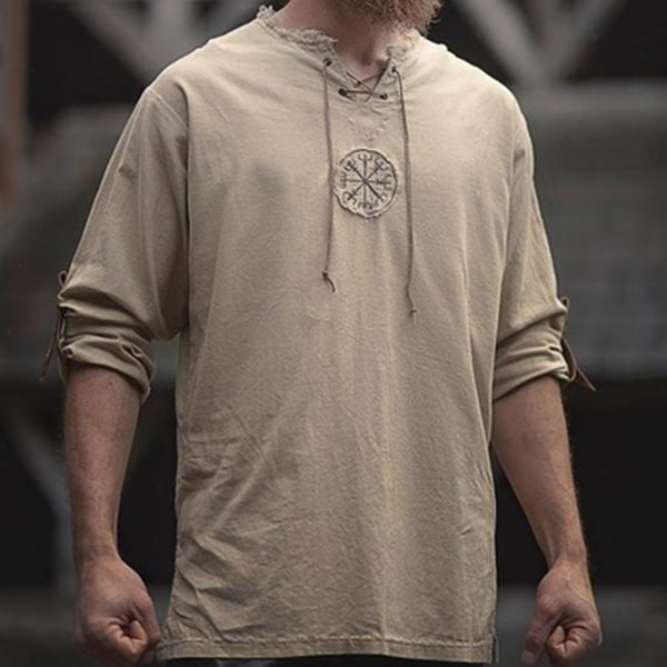 Medieval Linen Man Shirt with Ancient Viking Embroidery