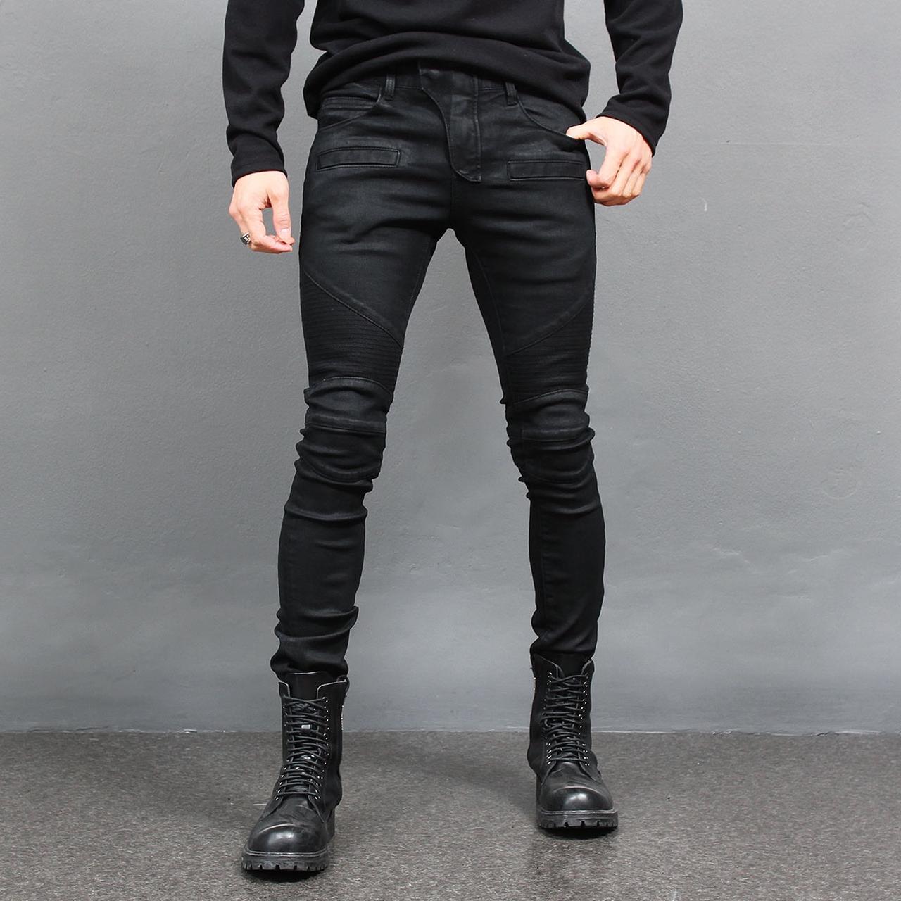 Gentler Super Slim Fit Black Wax Coated Bikers Skinny Jeans