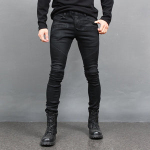 Gentler Super Slim Fit Black Wax Coated Bikers Skinny Jeans